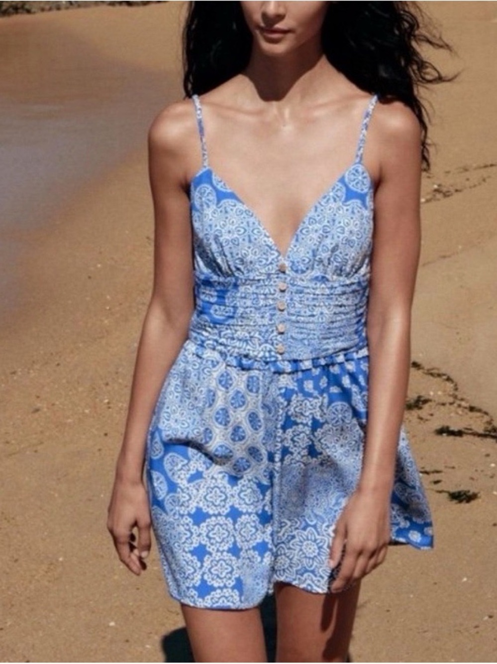 Zara Blue and White Printed Button-Front Cinched Waist Summer Romper